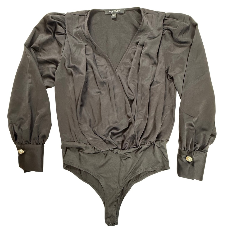 Marc New York Andrew Marc Black Satin Wrap Bodysuit Puff Sleeve M1MTT571 Small